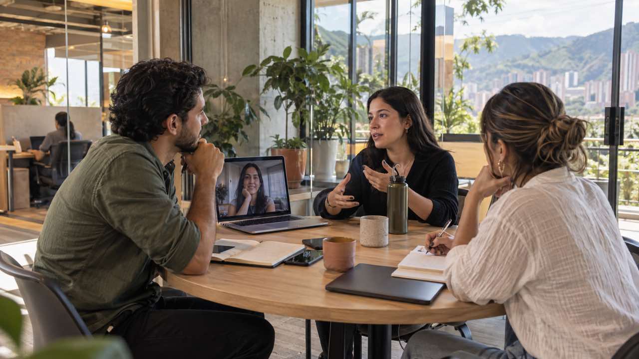Equipo híbrido conversa con una colega conectada por videollamada