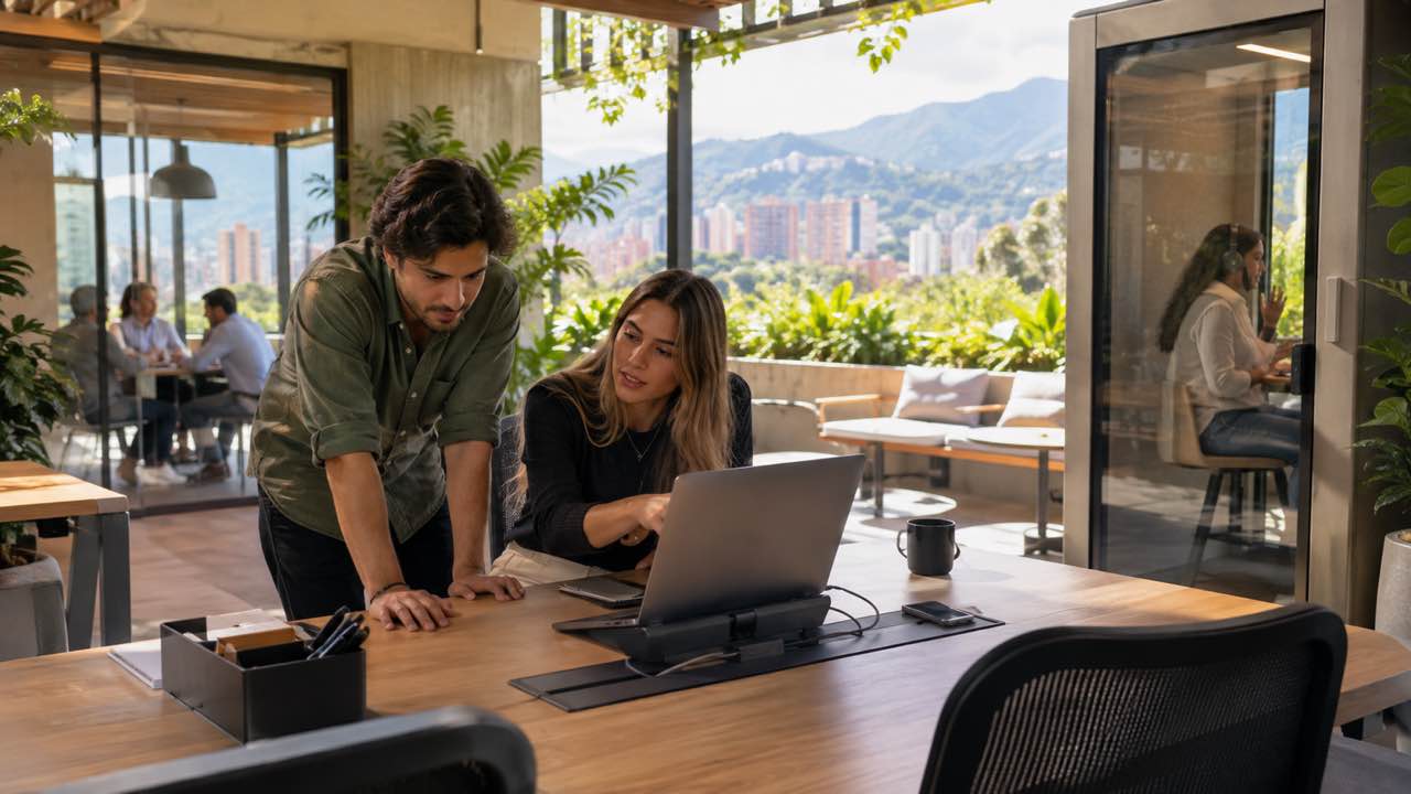 Personas revisando puestos y conexiones durante una visita a una oficina privada