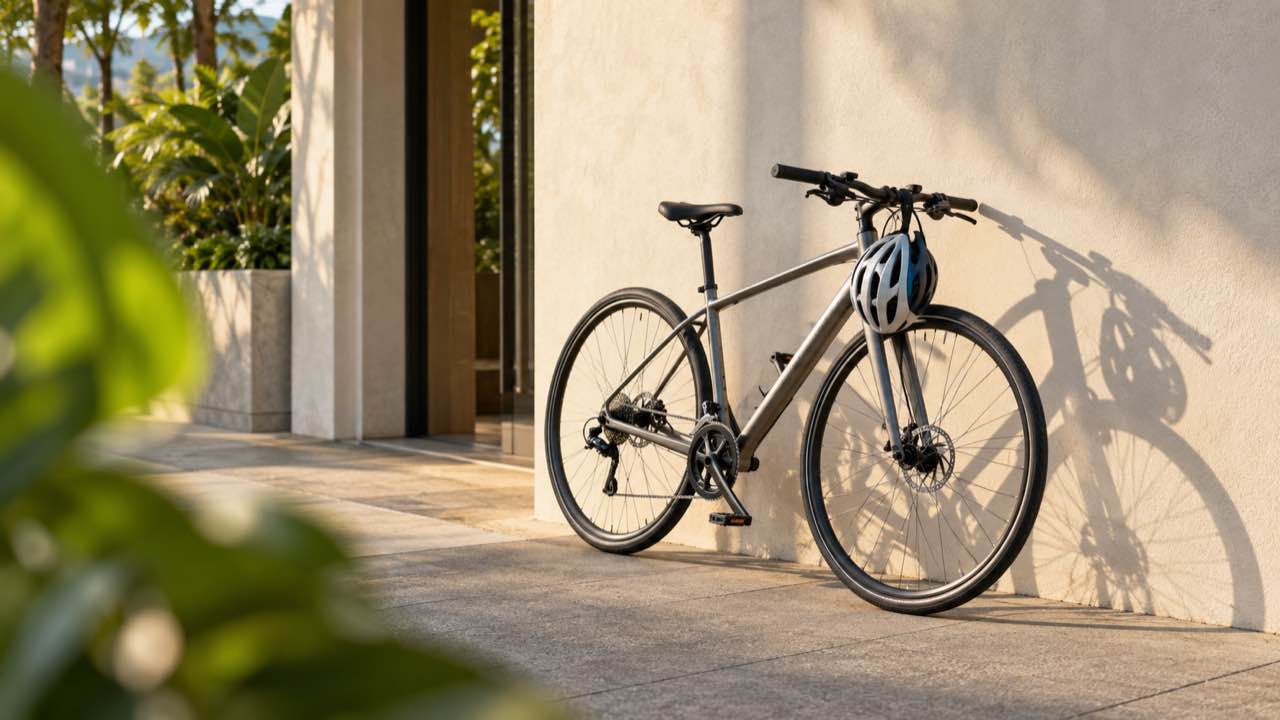 Bicicleta parqueada contra una pared clara a la entrada de un lugar de trabajo