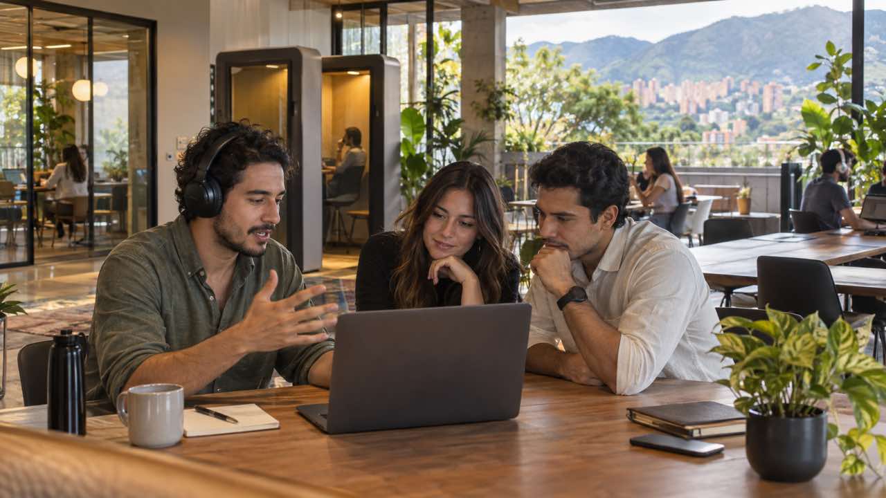 Equipo en una videollamada desde una sala de reunión de coworking