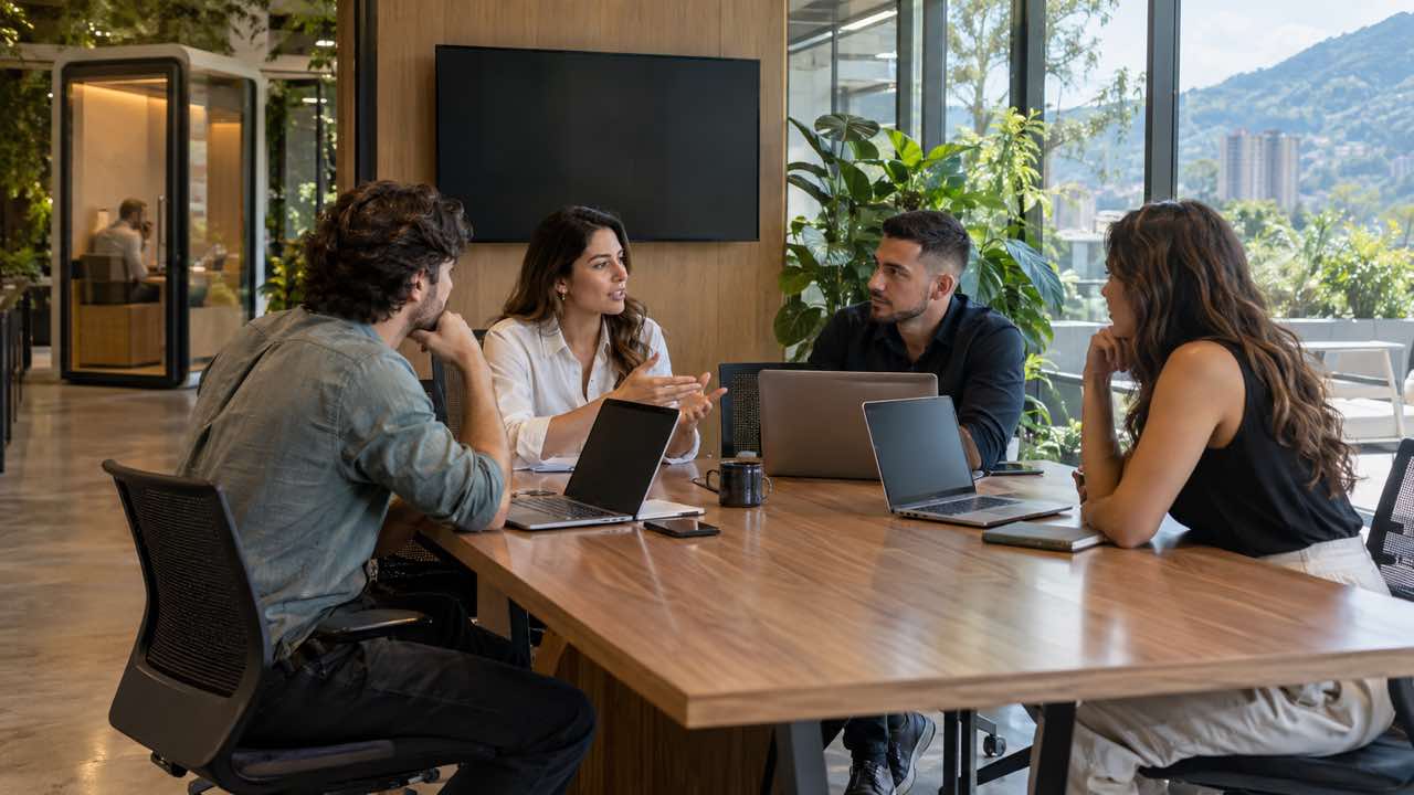 Equipo de cuatro personas reunido en una sala de coworking