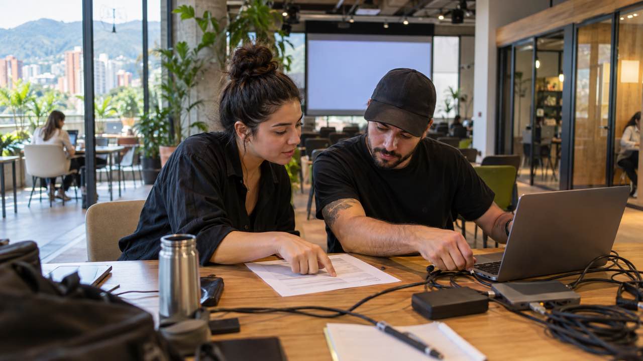 Equipo revisando la prueba técnica antes de un evento profesional