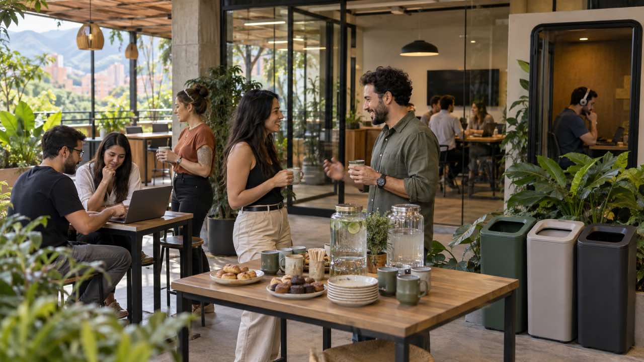 Pausa de café con recipientes reutilizables en un evento profesional