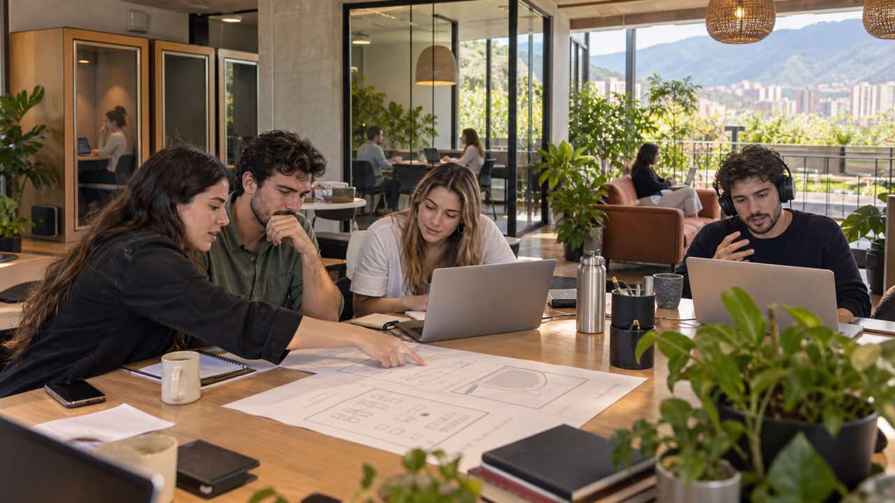 Equipo revisa la agenda y el montaje de un evento profesional