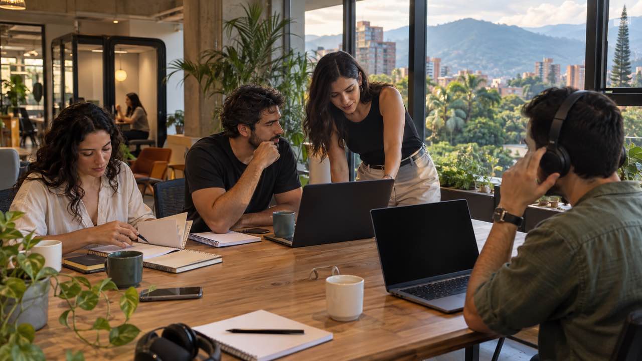 Equipo prepara una sesión en una sala de reunión de coworking