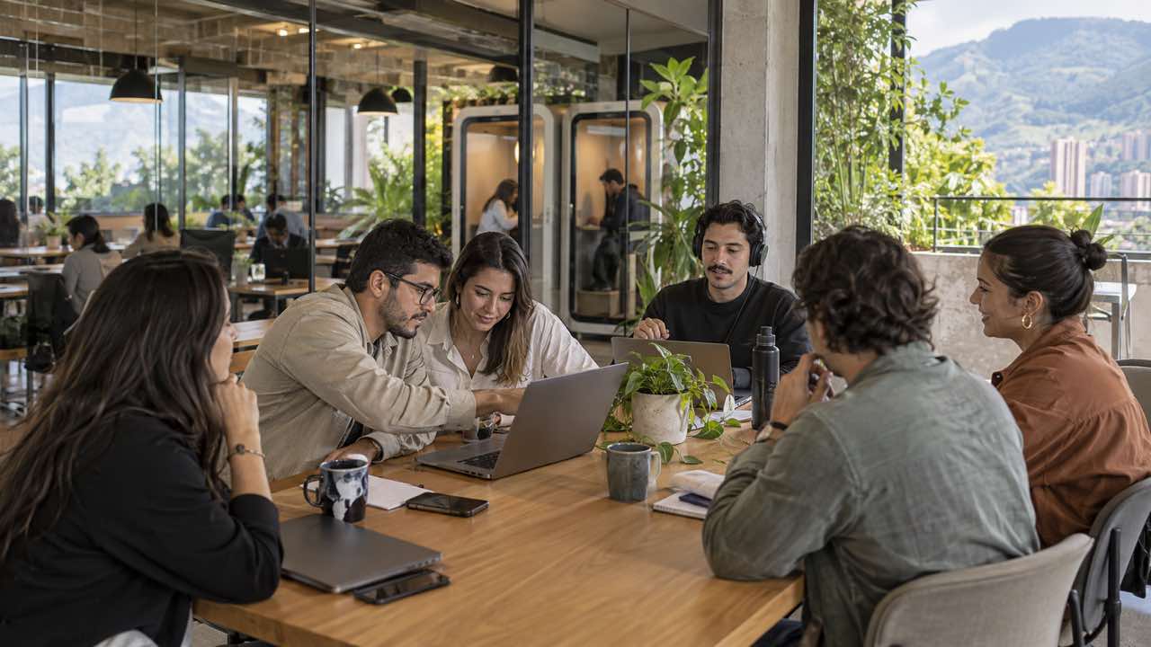 Sala de reunión preparada para seis personas en un coworking