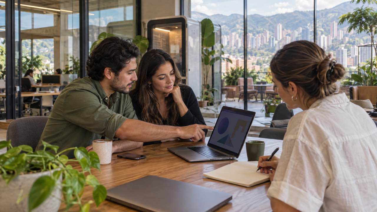 Tres profesionales reunidos en una sala de coworking