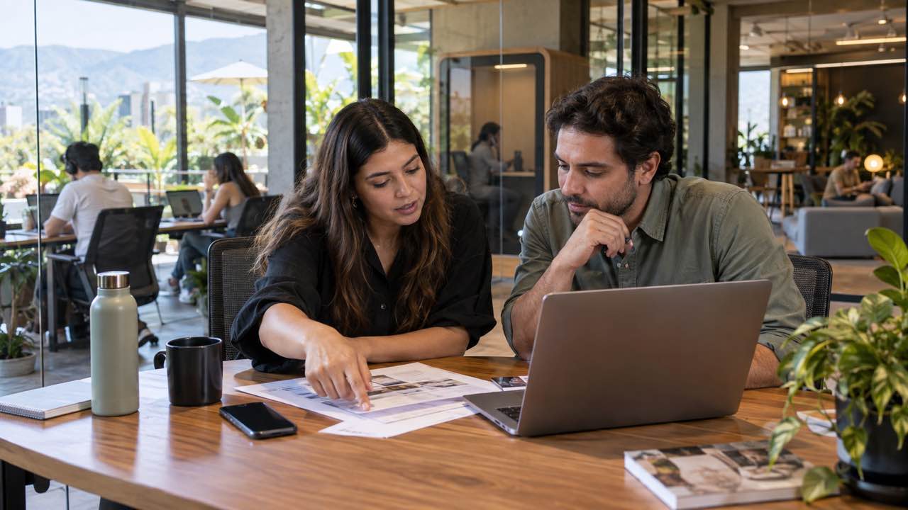 Dos colegas revisan documentos en una sala de reunión de coworking