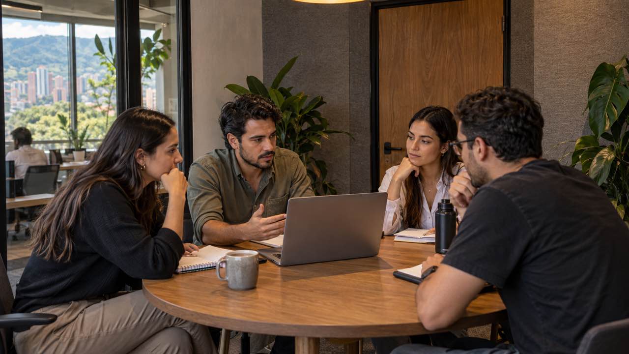 Conversación de cuatro personas en una sala privada