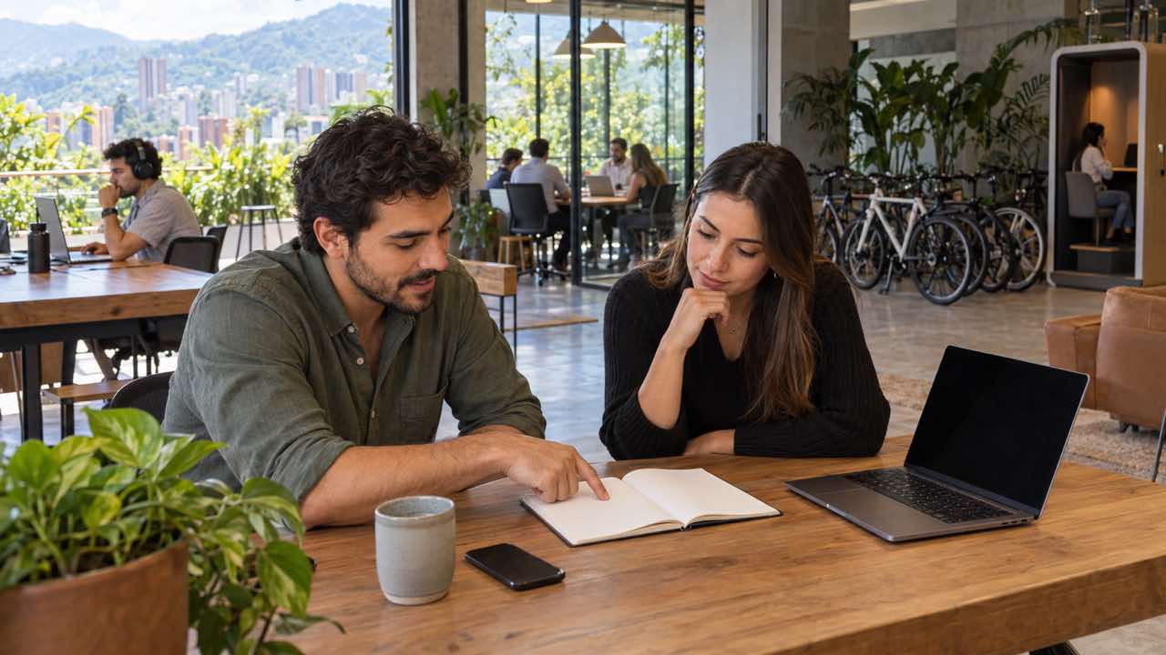 Dos profesionales preparan una jornada de trabajo en un coworking
