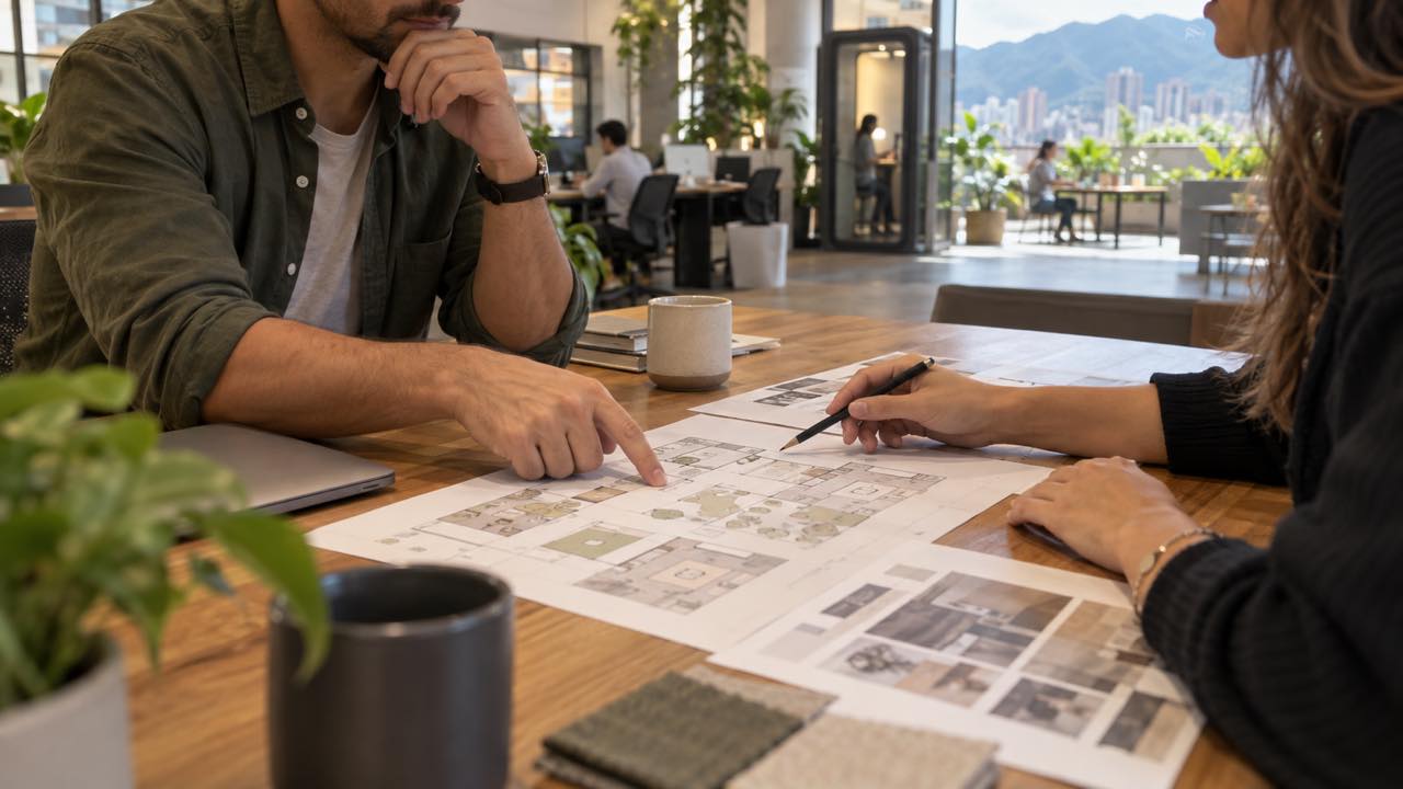 Dos personas revisan una propuesta durante la visita a una oficina
